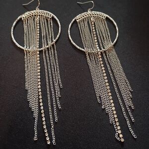 Silver-Tone Tassel Hoop Drop Earrings With Rhinestones.